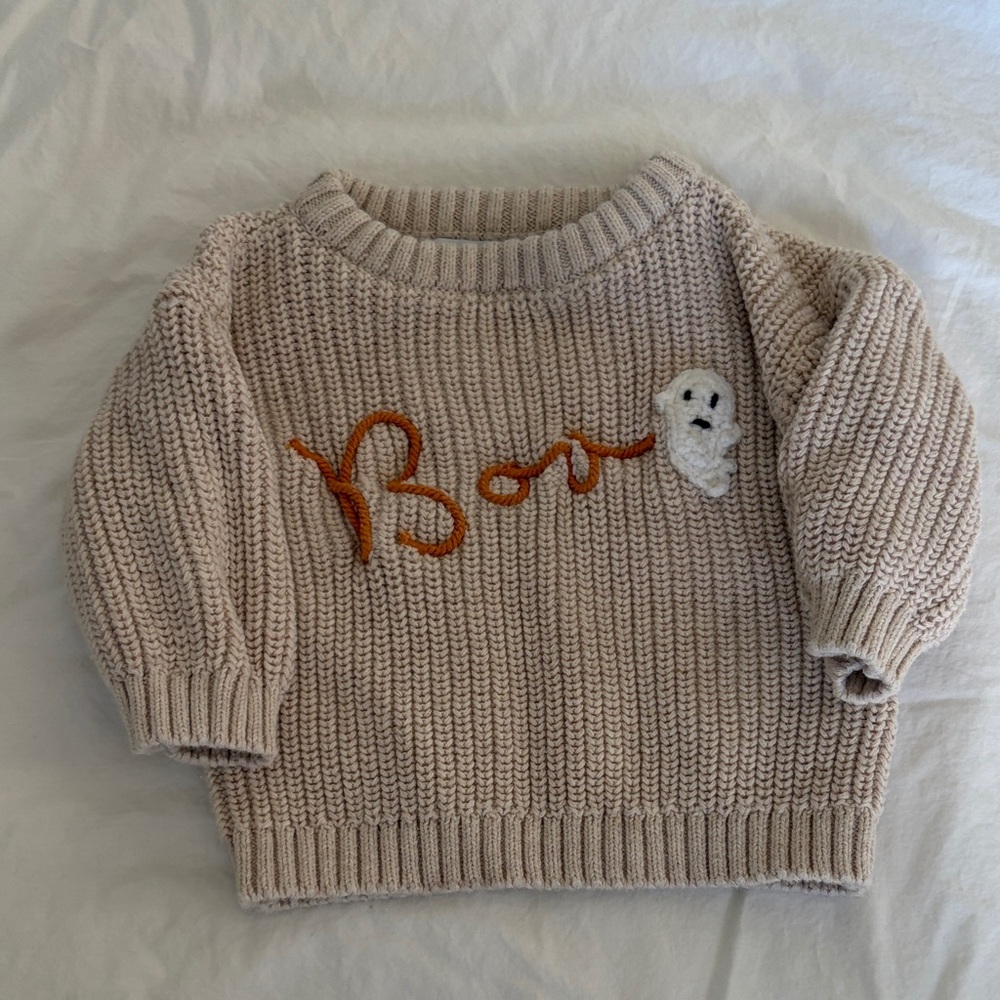 Old Navy Beige Knit Sweater with Orange 'Boo' and White Ghost Applique